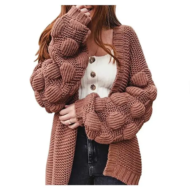 Cute Thick Sweater Long Pompom Cardigan Coffee Color - Shop at LoveMi