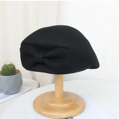 Vintage Autumn And Winter Ladies Bow Woolen Beret Black - Shop at LoveMi
