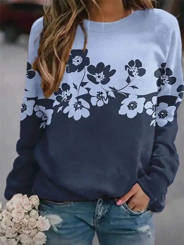 European And American New Flower Print Round Collar Long Sleeve Hoodie Blue - Shop at LoveMi