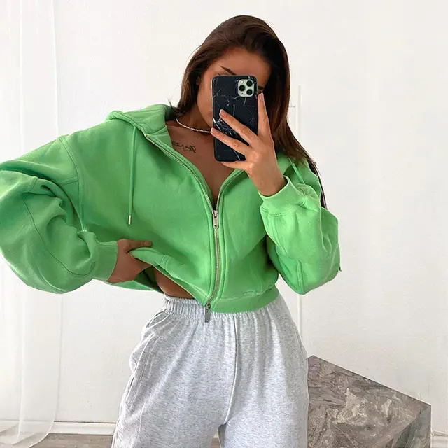 Solid Color Round Neck Long Sleeve Temperament Hooded Zipper Green - Shop at LoveMi