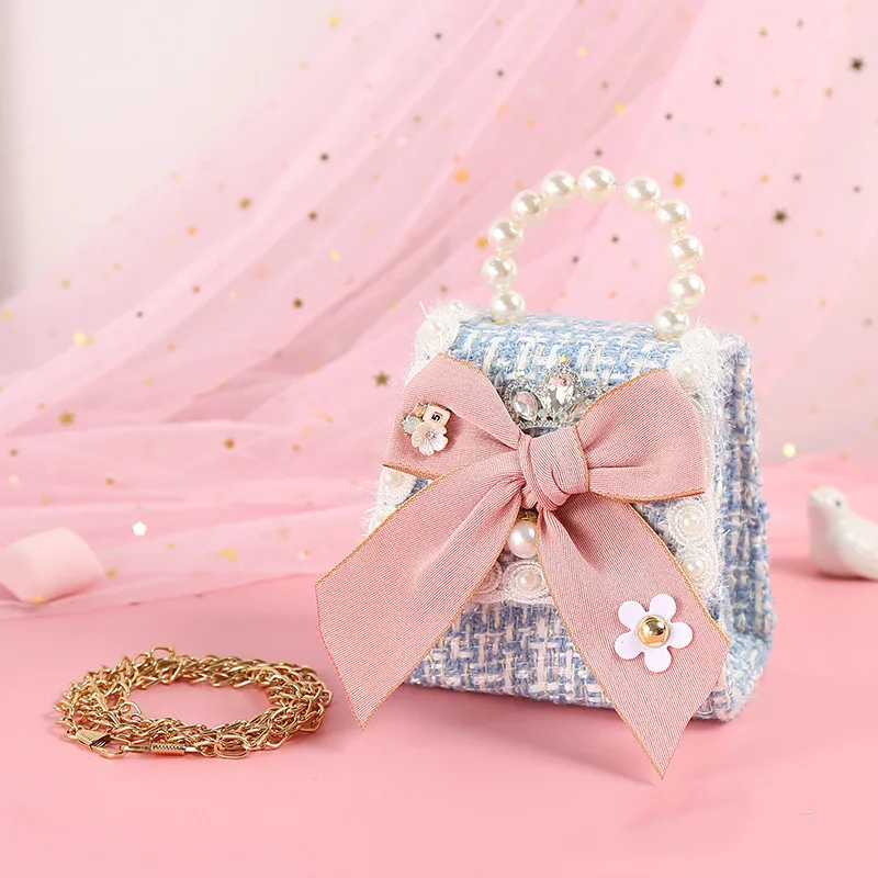 Colorful Bow Knot Cute Portable Pearl Diagonal Children's Bag Blue - Shop at LoveMi