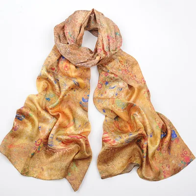 Spring And Autumn Mid length Hand Curled Silk Long Scarf Golden All Over The Ground - Shop at LoveMi