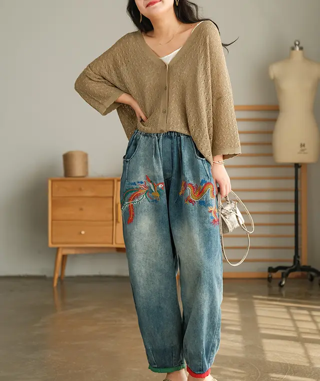 Embroidered Phoenix Denim Harem Pants Blue - Shop at LoveMi