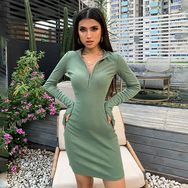 Temperament High neck Long sleeved Dress Women Autumn Europe And America Green - Shop at LoveMi