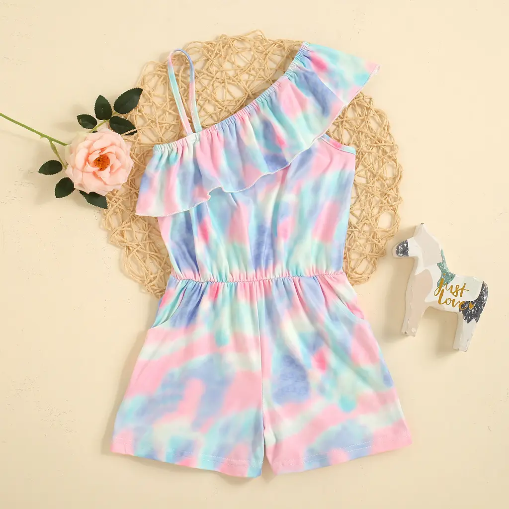 Girls' Tie-dye One-shoulder Ruffled Sling Shorts - View 1
