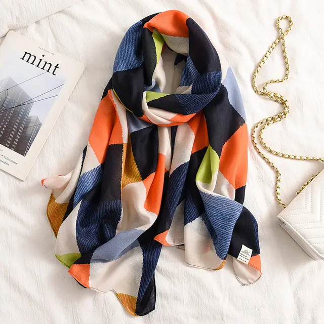 Scarf Female Autumn And Winter Travel Decoration Thin Cotton And Linen Long Shawl Navy Orange - Shop at LoveMi