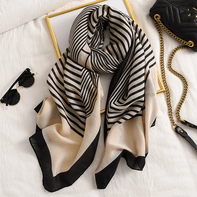 Cotton And Linen Feel Striped Sunscreen Silk Scarf - Beige