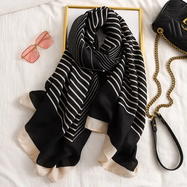 Cotton And Linen Feel Striped Sunscreen Silk Scarf Black - Shop at LoveMi