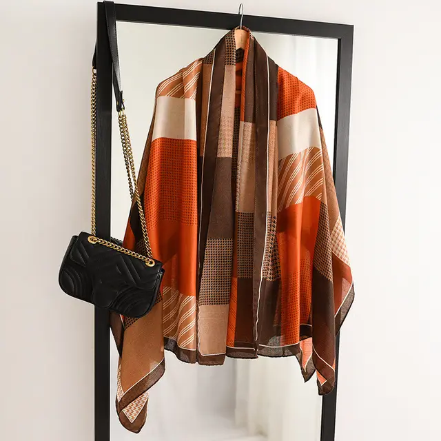 Cotton And Linen Feel Striped Sunscreen Silk Scarf Coffee - Shop at LoveMi