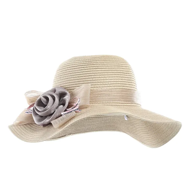 Fake Straw Wide brimmed Elegant Bow Flower Khaki - Shop at LoveMi