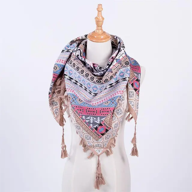 Ethnic Style Fringed Scarf Jacquard Square Scarf Khaki - Shop at LoveMi