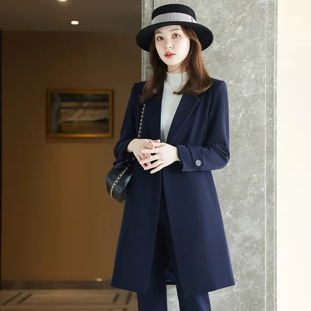 Long Sleeved Suit Jacket Women's Business Wear Long Trench Coat Navy Blue - Shop at LoveMi