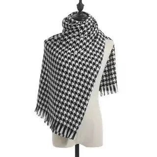 Cashmere Warm Tassel Shawl Thick Houndstooth Scarf - Black