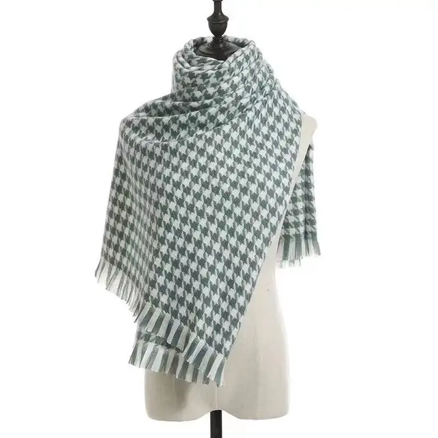 Cashmere Warm Tassel Shawl Thick Houndstooth Scarf Green - Shop at LoveMi