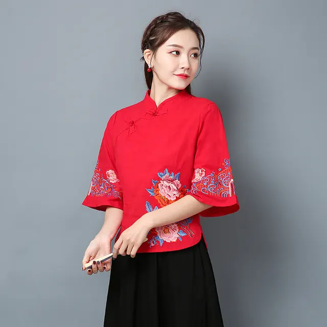 Heavy Embroidery Stand Collar Horn Sleeve Pan Button T Shirt And Shirt Red - Shop at LoveMi