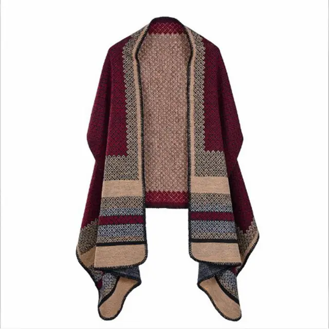 Women's Plus Cashmere Plaid Thick Warmth Keeping Air Conditioning Cloak Polka Dot Wine Red Yellow - Shop at LoveMi