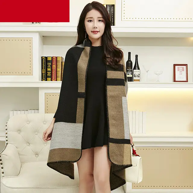 Women's Plus Cashmere Plaid Thick Warmth Keeping Air Conditioning Cloak Simple Grid Camel - Shop at LoveMi