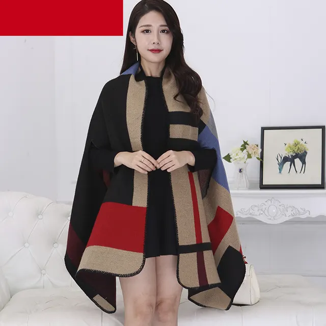 Women's Plus Cashmere Plaid Thick Warmth Keeping Air Conditioning Cloak Simple Grid Red - Shop at LoveMi