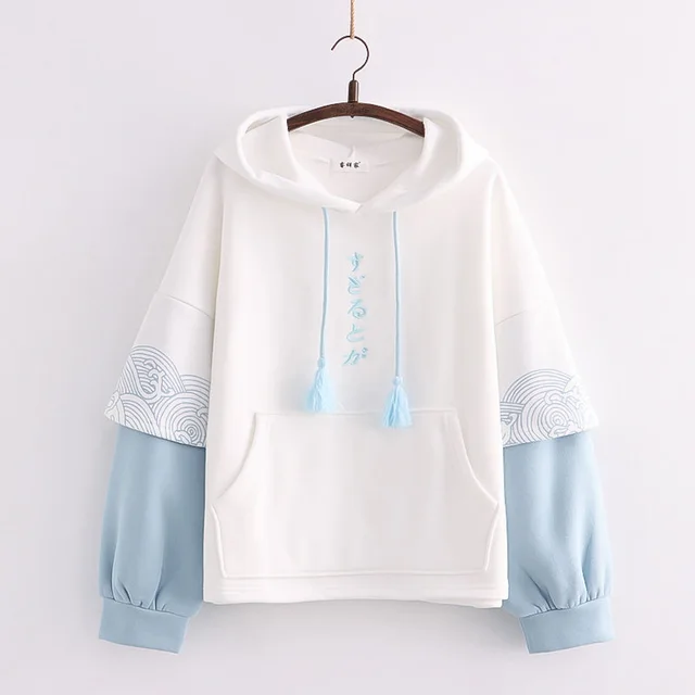 Embroidered Sleeves Wave Print Contrast Color And Velvet Padded Pullover Sweater Women White - Shop at LoveMi