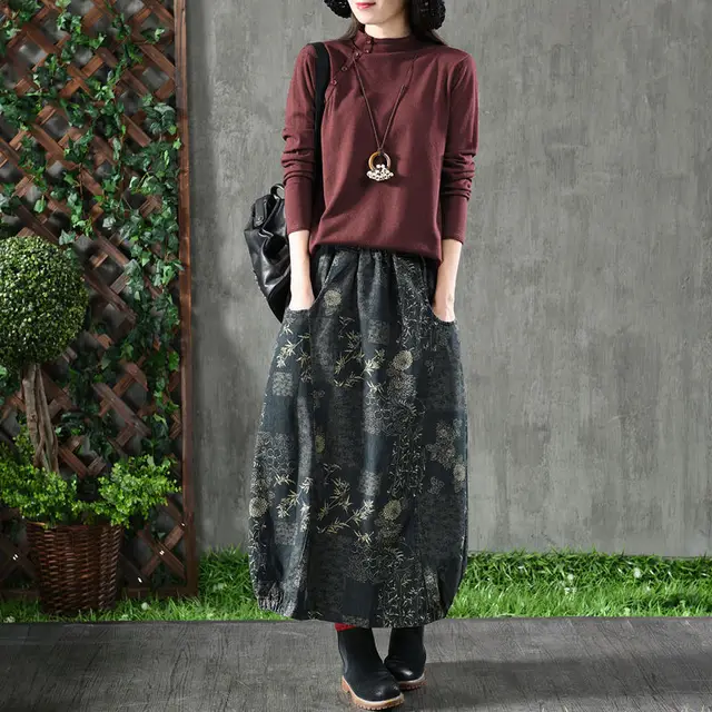 All match Mid length High end A line Elastic Waist Thickened Cotton Denim Skirt Blue - Shop at LoveMi