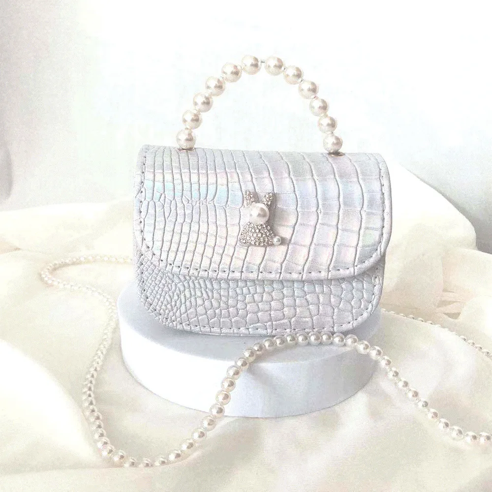 Rhinestone Rabbit Cute Girl Bag Pearl Portable Can Be Diagonal - Silver