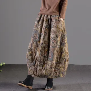 Loose Quilted Thick Cotton And Linen Flower Bud Mid-length Skirt Women - Style1