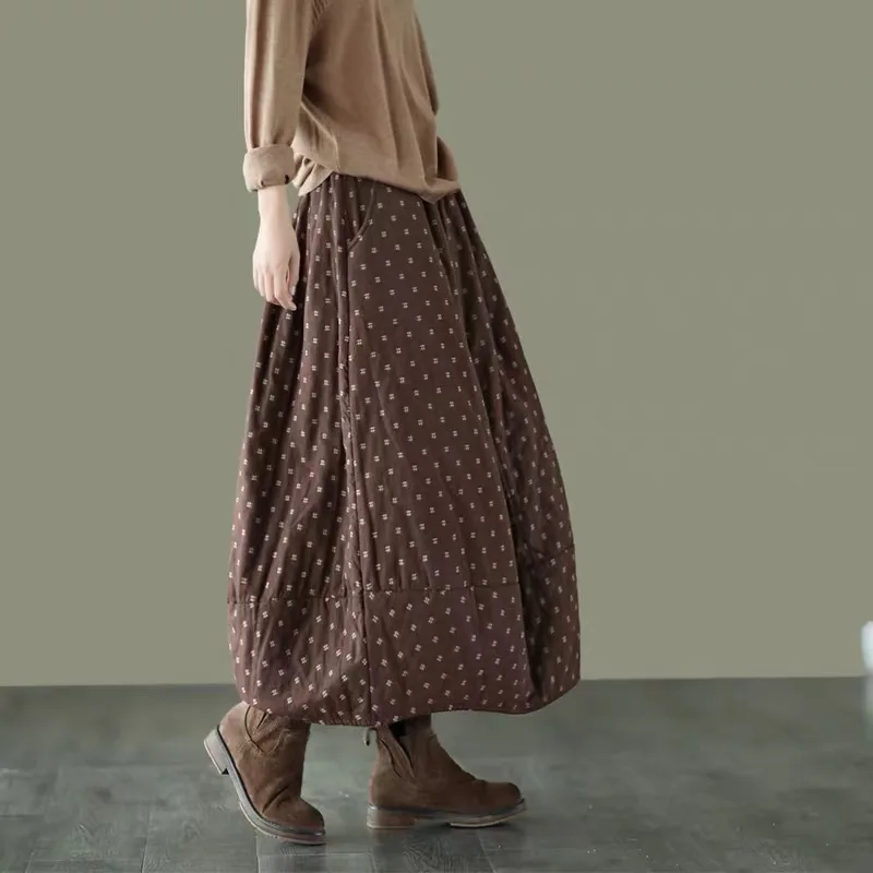 Printed Elastic Waist Plus Size Skirt Women - Coffee