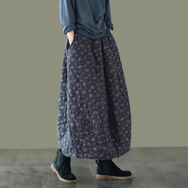 Retro Ethnic Cotton And Linen Quilted Skirt Floral Navy Blue - Shop at LoveMi