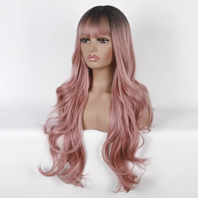 European And American Long Curly Hair Wig Cover Natural Neat Bangs Pink - Shop at LoveMi