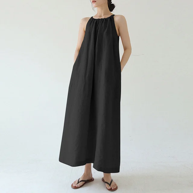 Bubble Texture Pleated Halterneck Tie Dress Black - Shop at LoveMi