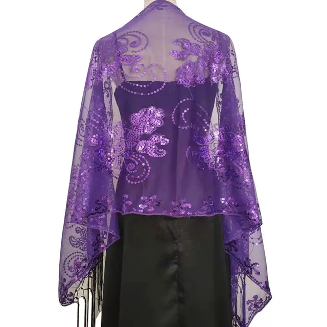 Long Tassel Sequin Embroidered Shawl Women Purple - Shop at LoveMi