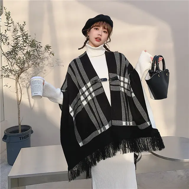Fashion Casual Women's Plaid Warm Shawl Scarf Black And White - Shop at LoveMi