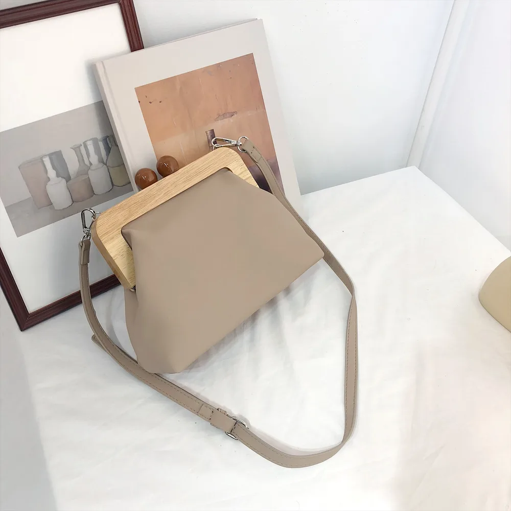 Soft Leather Assembling Wooden Clip Clutch Handbag Apricot - Shop at LoveMi