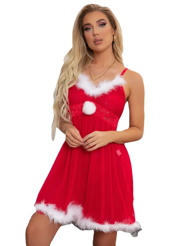 Red Mesh See through Female Christmas Dress Suspender Skirt Red - Shop at LoveMi