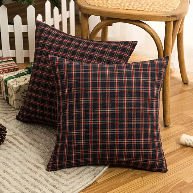 Living Room Christmas Plaid Polyester Cotton Pillowcase Dark Grid - Shop at LoveMi