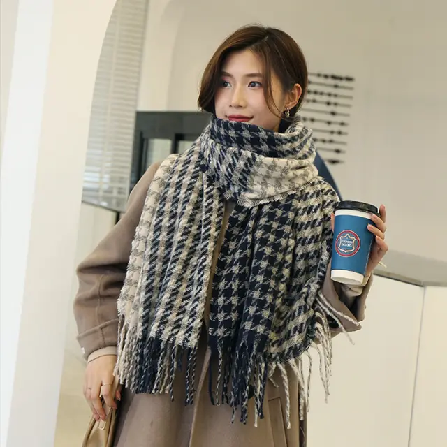 Fashion Color Matching Cashmere Padded Warm Scarf Navy Blue - Shop at LoveMi