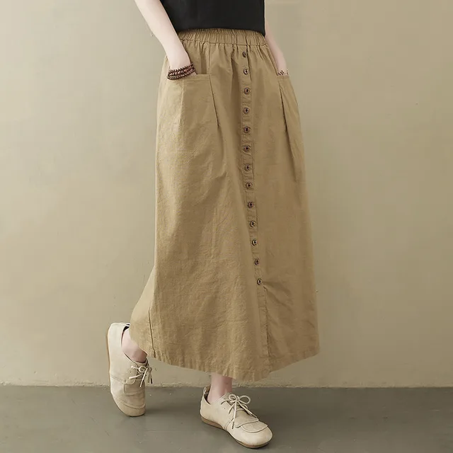 Literary Loose Solid Color Cotton And Linen Elastic Waist Skirt Khaki - Shop at LoveMi