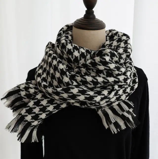 Houndstooth Cashmere Shawl Padded Warm Scarf Black - Shop at LoveMi