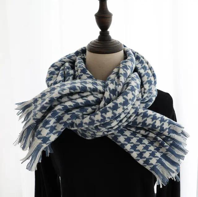 Houndstooth Cashmere Shawl Padded Warm Scarf Blue - Shop at LoveMi