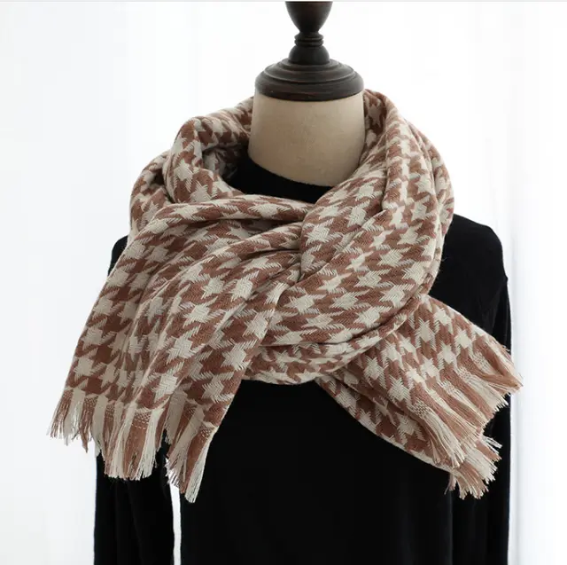 Houndstooth Cashmere Shawl Padded Warm Scarf Khaki - Shop at LoveMi