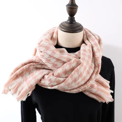 Houndstooth Cashmere Shawl Padded Warm Scarf Pink - Shop at LoveMi