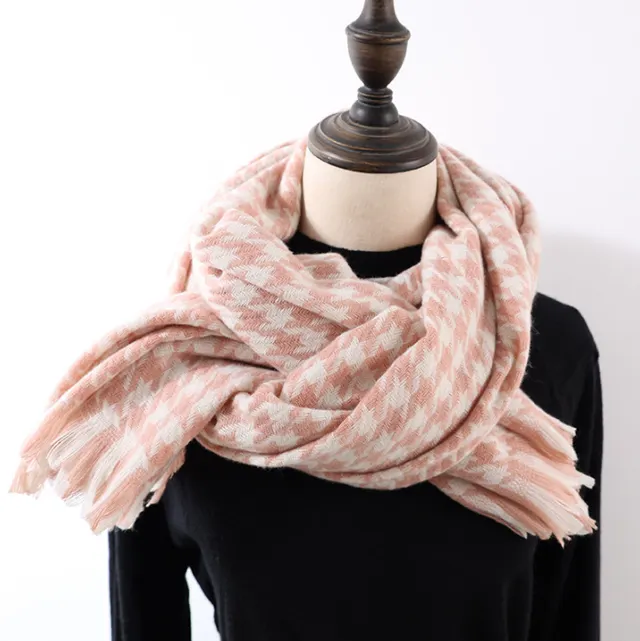 Houndstooth Cashmere Shawl Padded Warm Scarf Pink - Shop at LoveMi