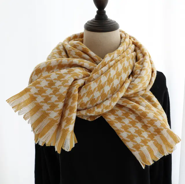 Houndstooth Cashmere Shawl Padded Warm Scarf Yellow - Shop at LoveMi