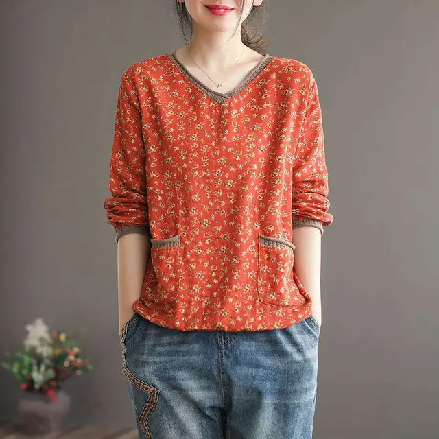 Vintage Floral V neck Long sleeved Loose Top Orange - Shop at LoveMi