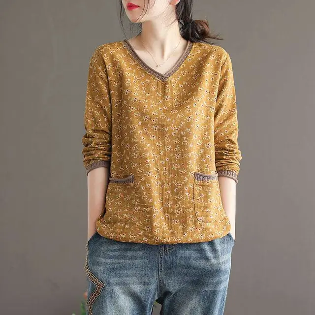 Vintage Floral V neck Long sleeved Loose Top Yellow - Shop at LoveMi