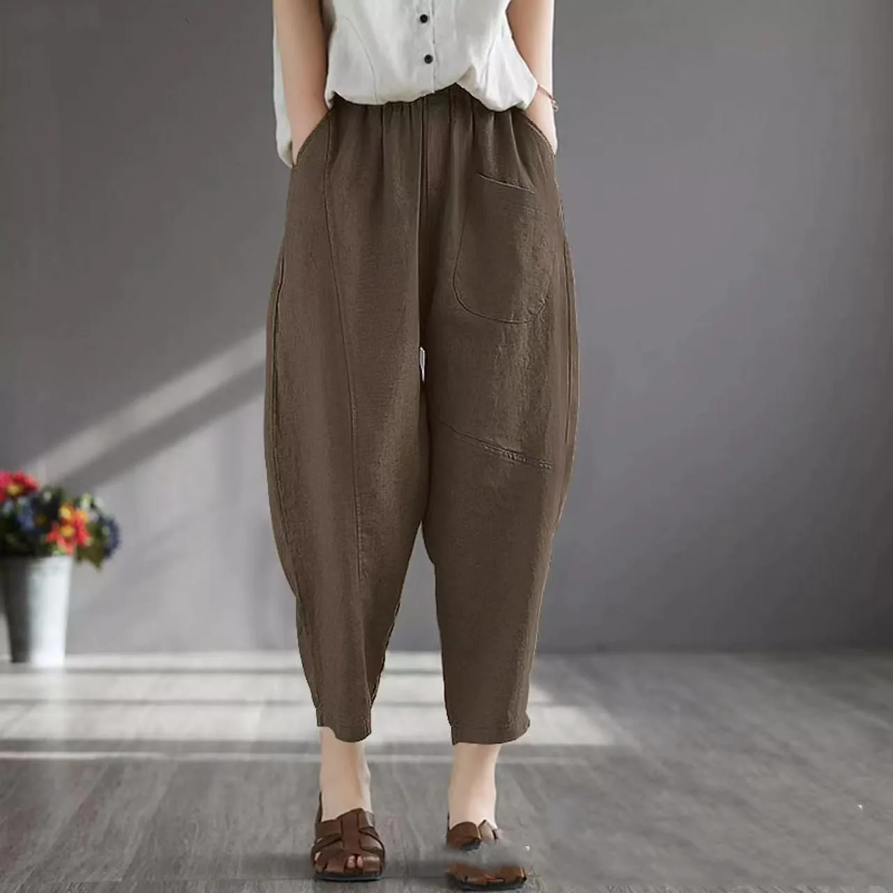 High Waist Cotton And Linen Cropped Trousers Harlan Plus Size Casual Pants Women - Coffee