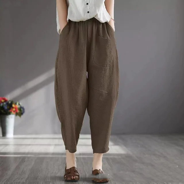 High Waist Cotton And Linen Cropped Trousers Harlan Plus Size Casual Pants Women Coffee - Shop at LoveMi