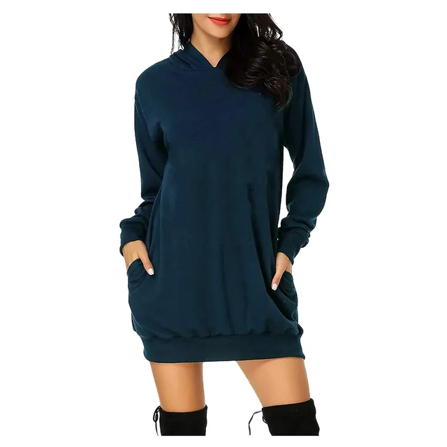 Solid Color Hat Dress Sweater Loose Feature Long Sleeves Navy Blue - Shop at LoveMi
