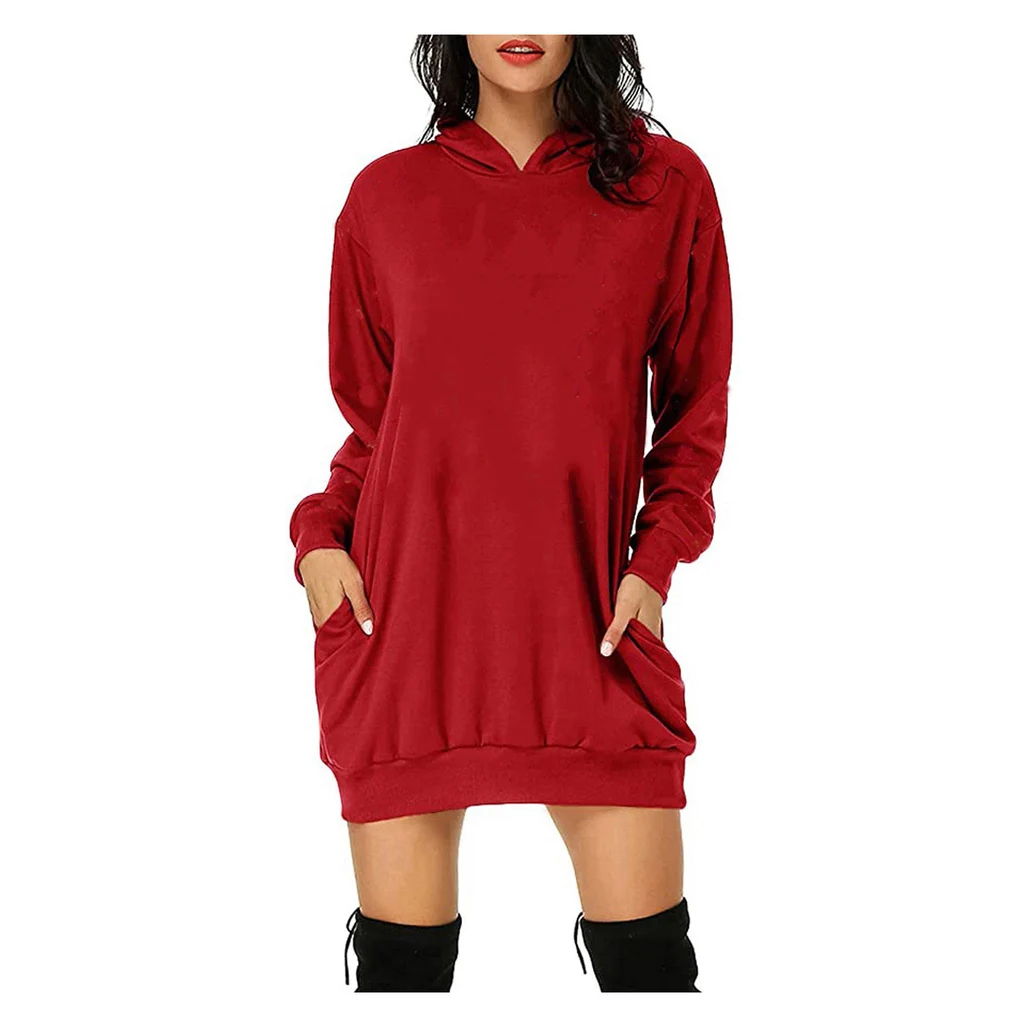 Solid Color Hat Dress Sweater Loose Feature Long Sleeves - Red