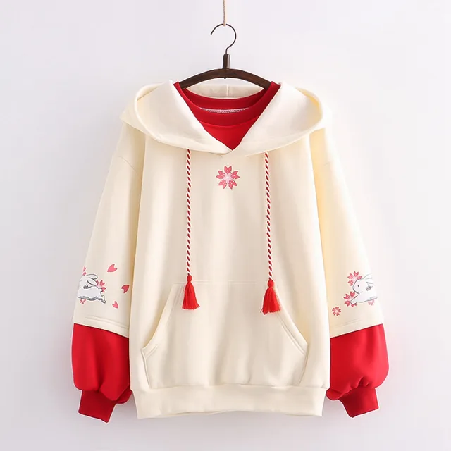 Japanese Flower Rabbit Embroidery Color Matching Fake Two Piece Plus Velvet Sweater Apricot - Shop at LoveMi